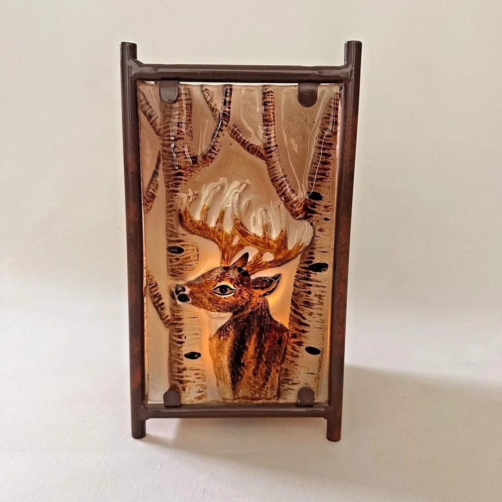 Vintage‎ Hand Painted 3D Glass Deer Votive Candle Holder Rustic Lodge Lantern